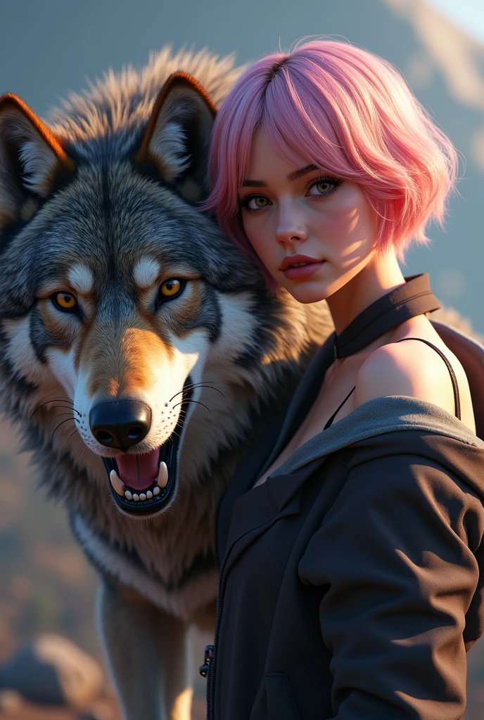 prompt: create an 8k, hyper realistic, airbrush glossy gta v cinematic poster style image of a beautiful girl with a soft sexy short hair name Aa pink 
 long hair  beside a large, snarling wolf with intricate