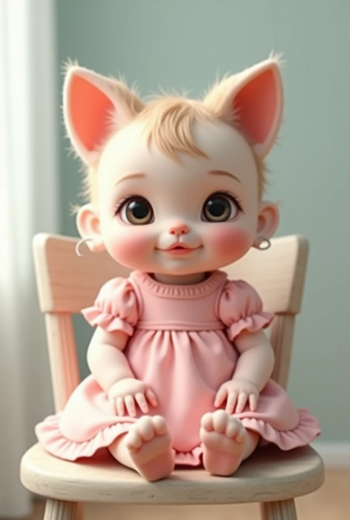 Famale baby setting on chair female baby look front female baby ear like cats famale baby frock colour pink
Cleen background 