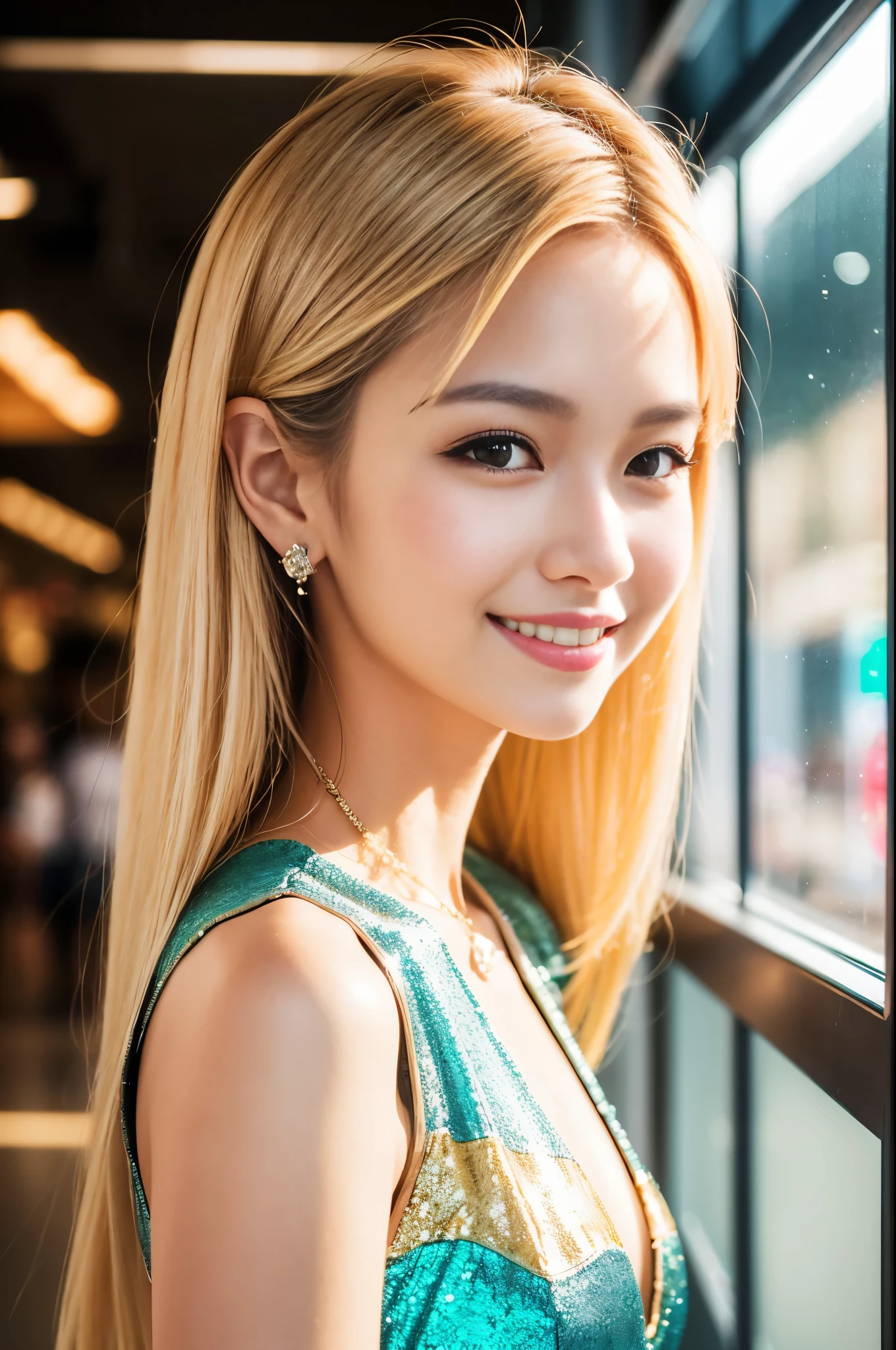 (best quality, 4k ,8k, highres, masterpiece:1.2), ultra-detailed, (realistic, photorealistic, photo-realistic:1.37), closeup, beautiful Thai woman, (slim girl), (happy smile), long lashes, beautiful makeup, platinum blonde hair, fair skin, slender figure, elegant posture, wearing large sparkling colorful jewelery, wearing a business style leather dress, standing in a large shopping mall, gentle sunlight shining through the shopping mall windows, casting a soft glow on her face, adding warmth to the scene, vibrant colors, capturing the essence of vibrant city life, portrait style, showcasing her natural beauty and grace in a feminine way