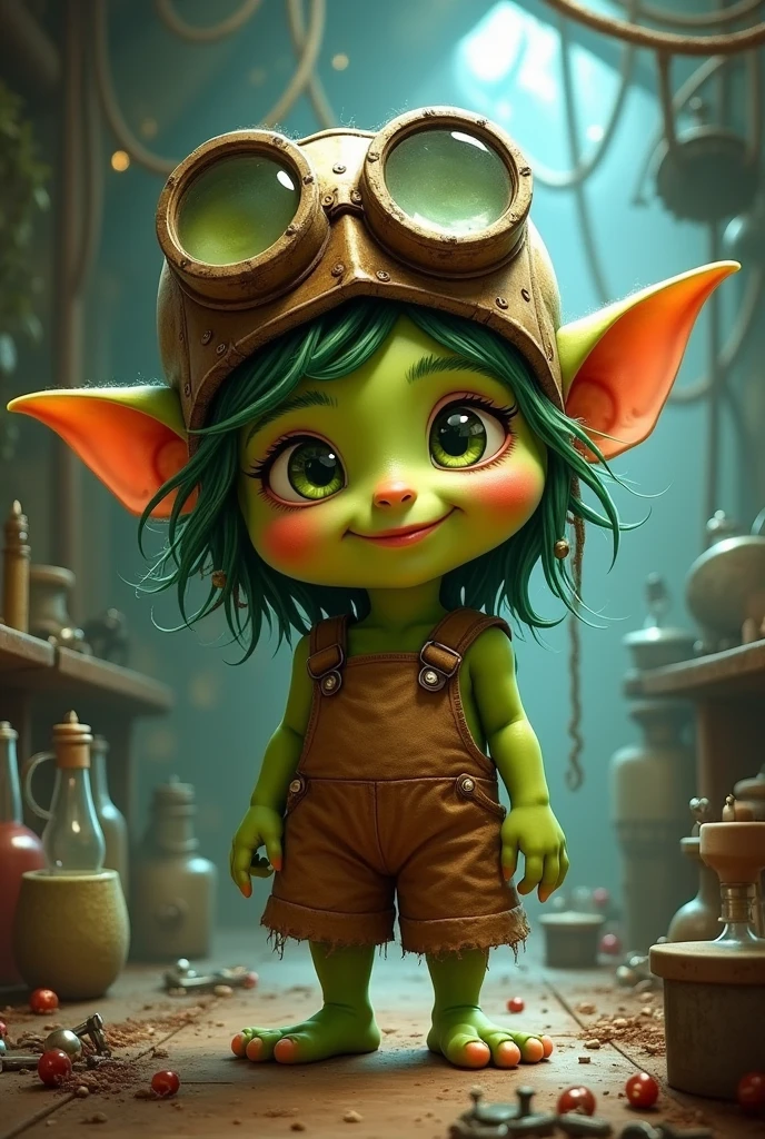 Cute goblin girl with a welding goggle on her head