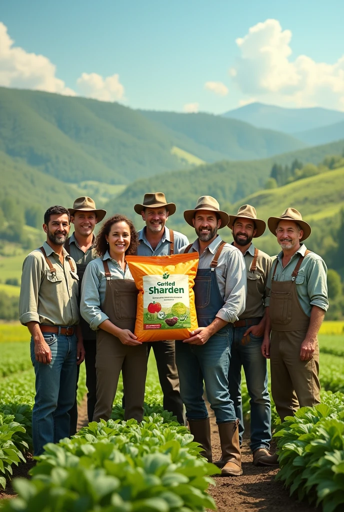 A group of farmer on a farm holding a bag of Organic fertilizer which has the
brand name " Garden Sharden "
