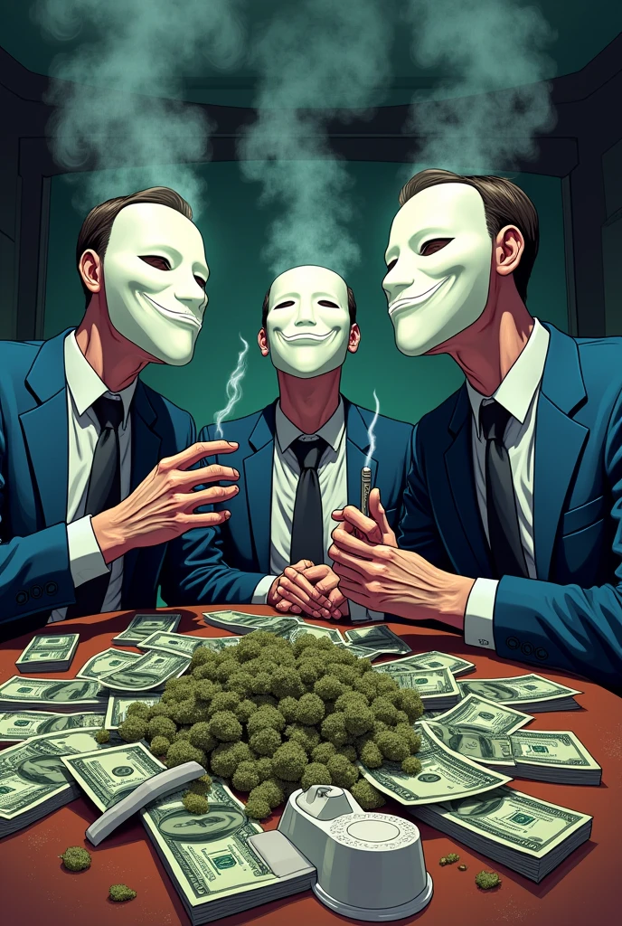 Create a cartoon image of 3 men with an anonymous mask , The joints are smoking and there is coke , weed , hash , ??????? and a lot of money on the table. 
