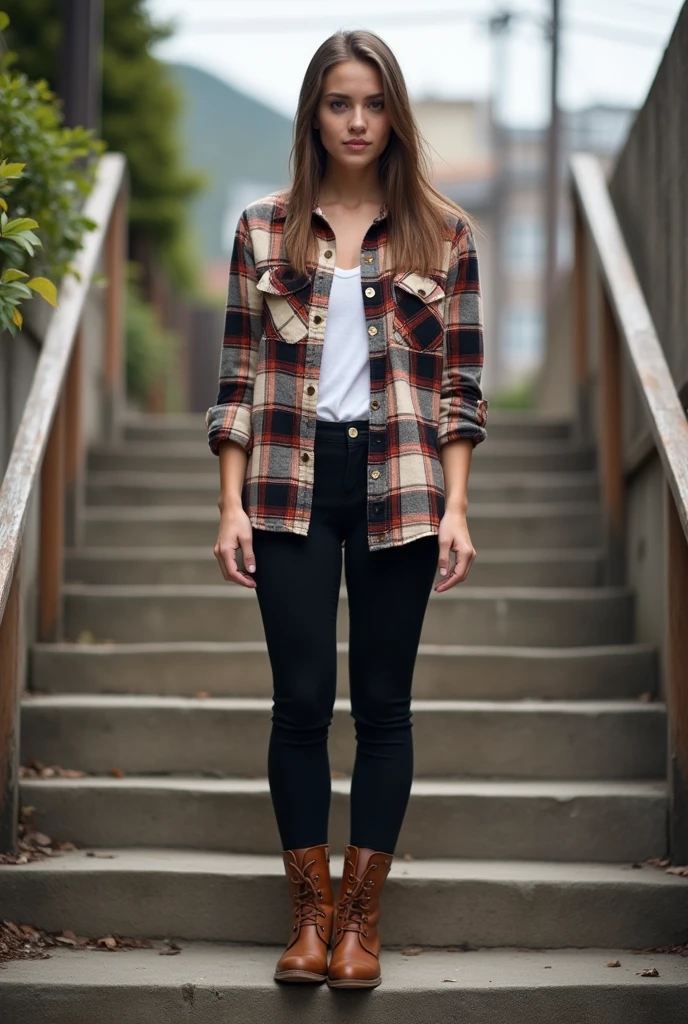 A full body picture of Sydney Sweeney, she has straight hair that come out from the side parting on one side only with slight makeup, she looks straight at the camera with brown eyes, taken as an Instagram picture, she wears dark leggings with long brown boots with a dark checkered shirt standing on stairs outdoor