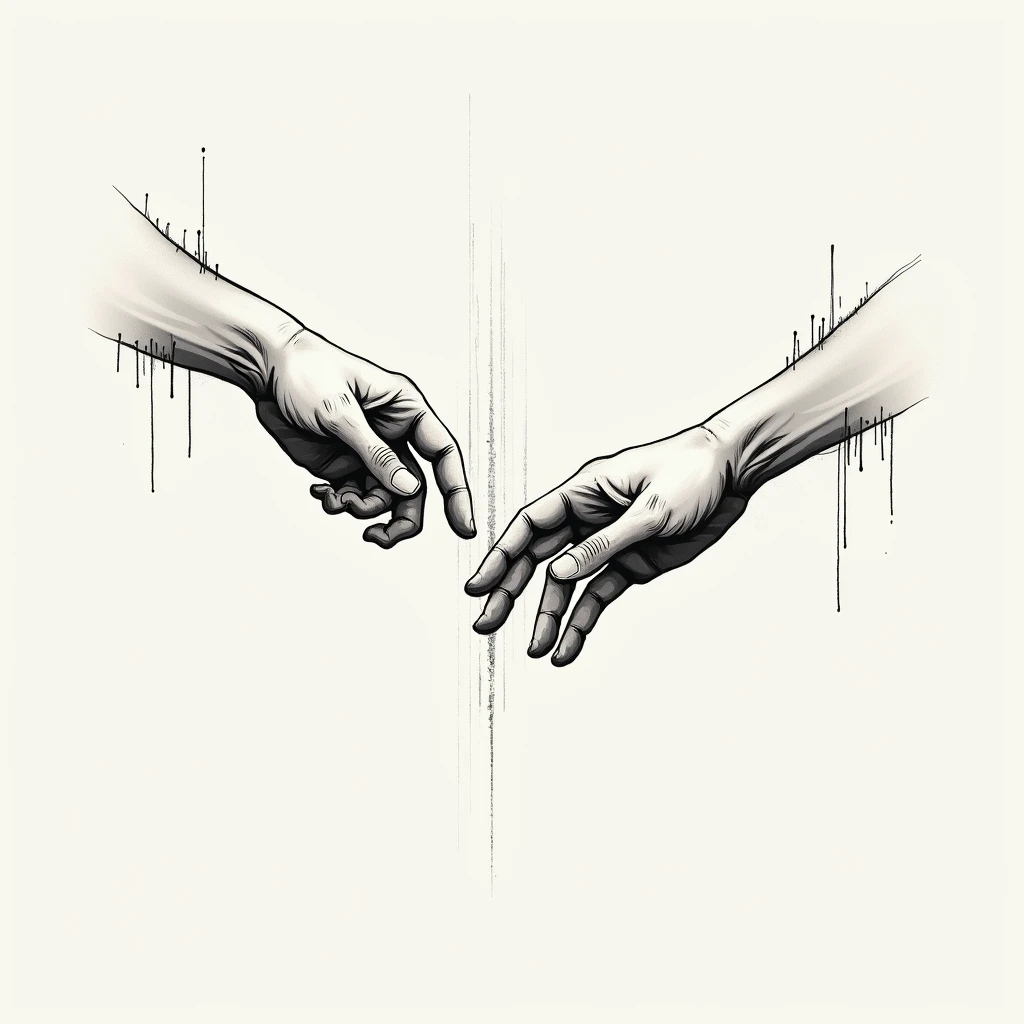 draw a picture of the creation of adam only the touch of two hands in abstraction for tattoo