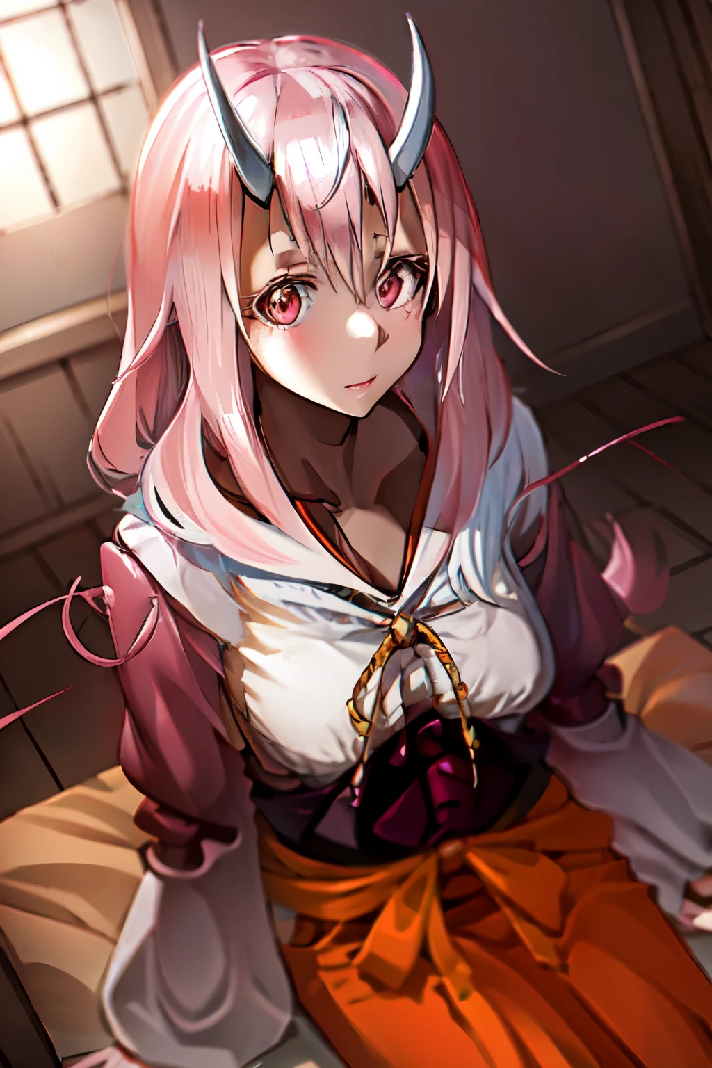 Shuna (tensura), One person, alone, Long Hair, Pink Hair, Demon Horns, Hair between the eyes, kimono, In the same way, Fantasy Town Temple