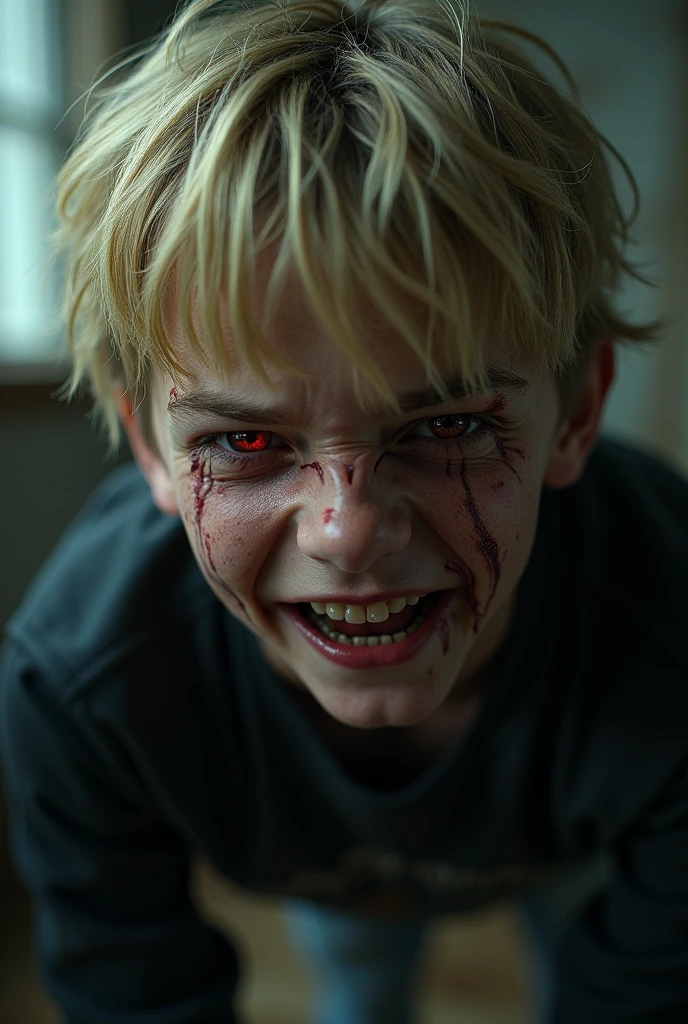 ager guy, blonde hair, red tired eyes, psychotic face, a shirt with long black sleeves inside