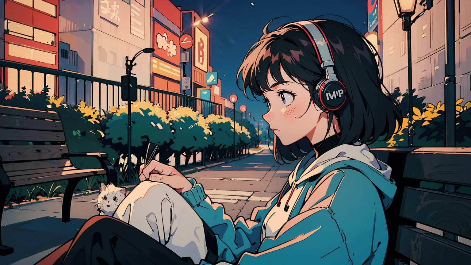 Highest quality, 8k, 1990s style, A 21-year-old girl, Black Hair, Medium Hair, Light brown eyes, City Pop, pants ,Relaxing on a park bench at night, whole body, The background is a park at night,Headphones、A cute profile