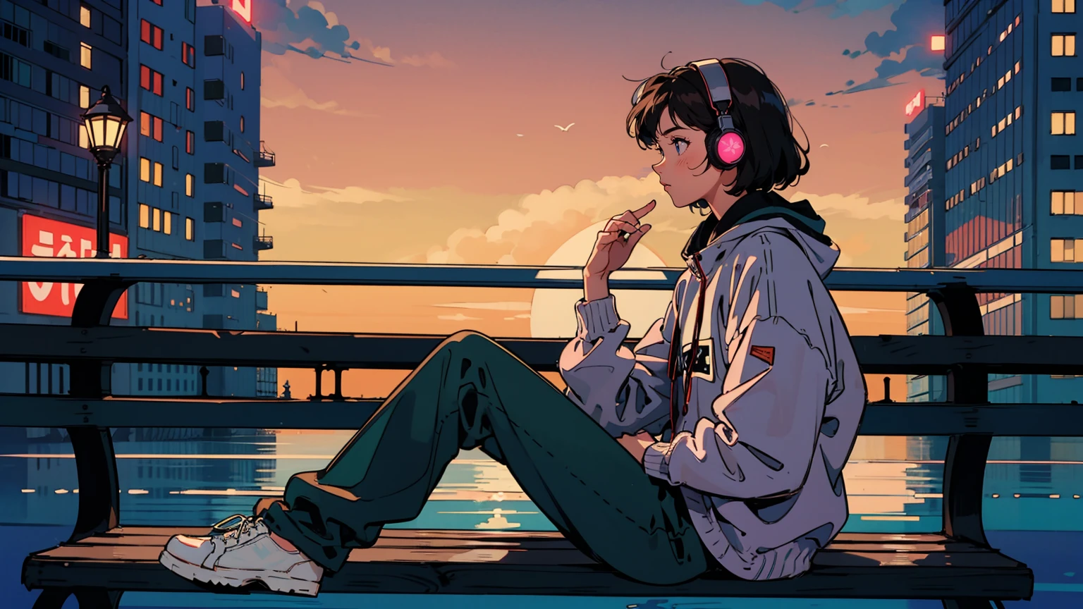 Highest quality, 8k, 1990s style, A 21-year-old girl, Black Hair, Medium Hair, Light brown eyes, City Pop, pants ,Relaxing on a park bench at night, whole body, The background is a park at night,Headphones、A cute profile