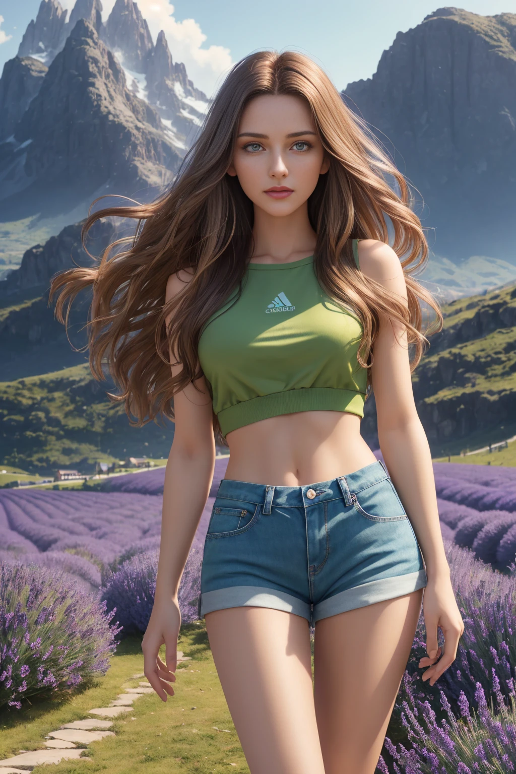Masterpiece, Young Beautiful Girl has long hazel hair and green eyes, 1girl, AS-Adult, long-haired, hazel hair, small-breasts. Green eyes, wavy-hair, no bangs, symmetrical face. She wears a purple shirt and shorts. Beautiful legs. She is standing. (Best Illustration), (beautiful-detailed eyes), (Best Quality Face, Fingers), Symmetrical, smooth, sharp focus, illustration, realistic, artstation, award winning photography, octane render, cinematic lighting from the right, hyper realism, octane render, 8k, depth of field, 3D. She looks at the viewer. Full figure. Background mountains. She is into a lavender field.