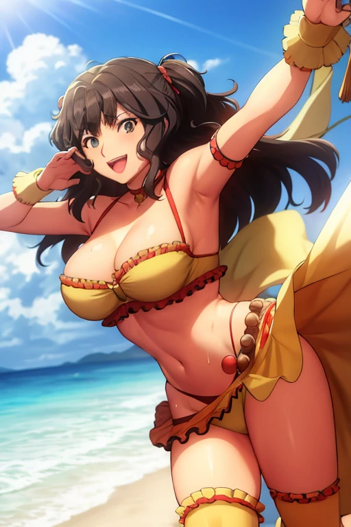 masterpiece, best quality, beautiful art, high resolution, well formed hands, body and fingers, 1 woman, solo, Kaoru Tanamachi, 31 years old, grown up, wearing a Mata Hari outfit, mata_hari_cosplay, arabian belly dancer, adult, large and round breasted, cleavage, hair ribbon, full body, sexy and skimpy arabian belly dancer outfit , gorgeous legs and thighs , fighting in a combat match, showing her fighting skills, making her guard, about to hit the viewer, looking at the viewer, panties peek, sweating, bouncing breasts, smiling joyfully and brightly, seductive face, being confident and proud, action and fighting scene, martial arts tournament on the beach