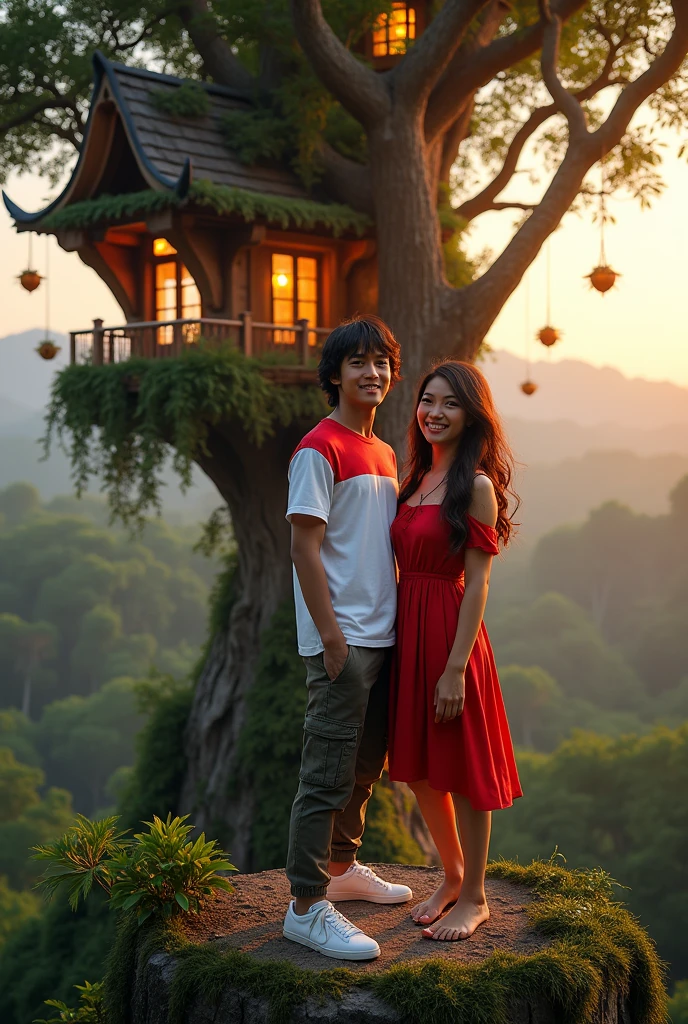 16k photography, realistic image, sharp full HD, facing the camera, a 20 year old Indonesian man wearing a white and red t-shirt, long flowing hair, wearing cargo pants, wearing white sneakers, next to him is a beautiful 20 year old Indonesian woman, wearing a colored dress. red white. The two stand on top of a tall tree house (with windows, chandeliers, and hanging pots), smiling. Evening atmosphere