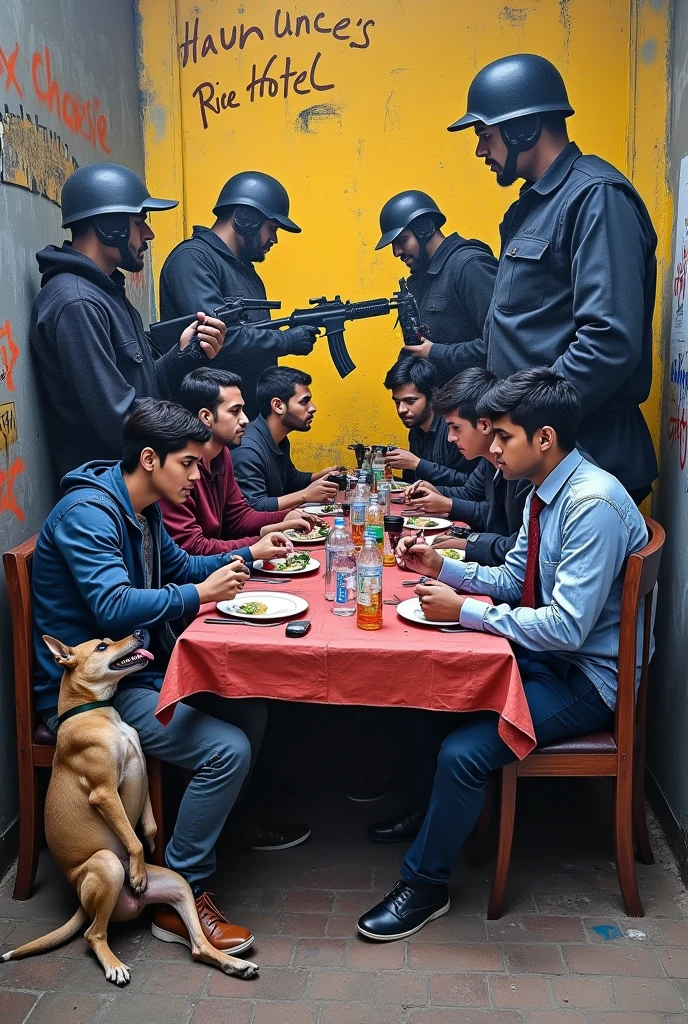A bangladeshi graphity which shows some gunmen pointing their guns to the dining table, in front of them the cameramen are pointing the cameras to the dining table, and 7 University students are forced to eat at the dining table, a bitch dog is sitting on the chair at the other side of the table and he is sucking his pennis. On the wall written "Haun Uncle's Rice Hotel".
1. view perspective should be from the other end
2. make the dog bigger
3. the dog is licking his balls and has an evel smile on his face