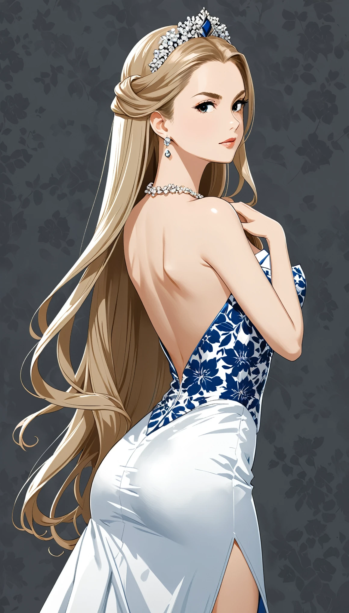 in style of Carolina Herrera
1girl,incredibly long hair,character concept design,half body,standing,arched_back,(gravure_pose:1.8)