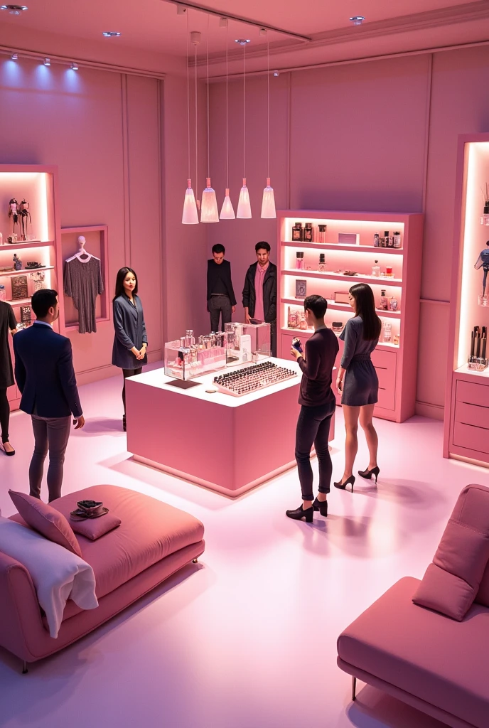 Pink makeup store, with clothing stand on the left, a stretcher on the right and in the background in front a makeup stand and next to it a hairdresser