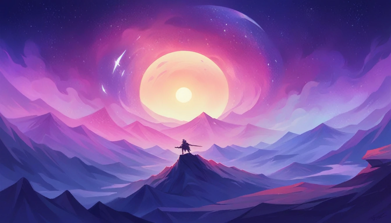 A man in a fluffy robe stands holding a sword on a mountain., Immortal Sect, Immortal Sect, galaxy, background, Beautiful, minimalist background, ((background:1.8))