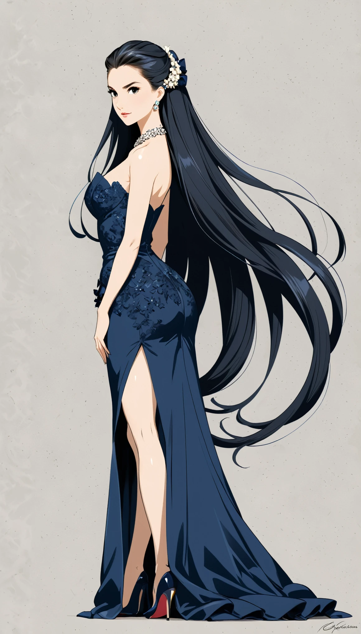 in style of Carolina Herrera
1girl,incredibly long hair,character concept design,half body,standing,arched_back,(gravure_pose:1.8)