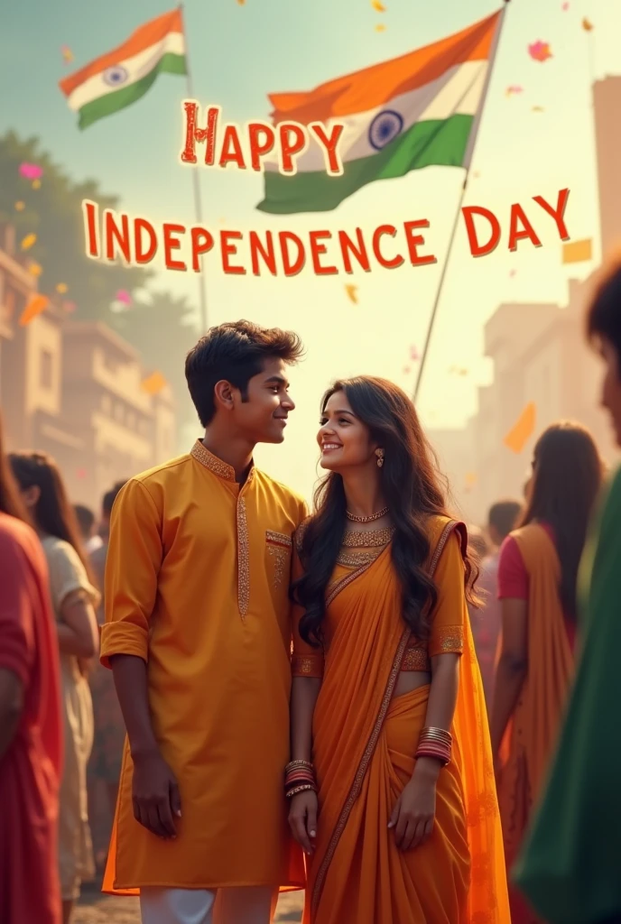 real young couple, ALOK and TANU stand together, both , joyfully celebrate Indian Independence Day. They are 
wearing indian outfits and Ajay name is written on boy's outfit and 
Pooja written on girl's outfit. Above them, in the sky, the words 
"Happy Independence Day" are displayed in a bold font. The 
backdrop is filled with people celebrating, enhancing the festive 
and patriotic spirit of the day.make sure text should be correct.