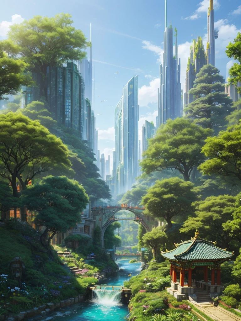(((A utopian world with futuristic science fiction and fairy tale elements,Mechanical metal combined with classical mythological elements))),(In this illustration of a utopian world,Describe a fairy tale、An ideal country with science fiction elements。The background is a majestic city,The architectural style combines futuristic and sci-fi elements。Soaring towers and modern glass buildings complement ancient pavilions and temples。The city is surrounded by a verdant forest and clear river,Showing the harmonious coexistence of man and nature。In the heart of the city),(There is a huge secret garden,There are all kinds of fantastic plants and creatures growing inside。There are trees that can talk.、Singing birds and various cute animals。In the corner of the garden,There is a huge castle,Its towers reach into the sky)。(science fiction elements:in this utopian world,Technology and nature coexist harmoniously。High-speed maglev trains shuttle through the city,People are flying freely in the air in environmentally friendly aircraft.。Cities are powered by solar energy、Renewable resources such as wind and water energy,Guaranteed ecological sustainable development)。(Cultures:in this utopian world,Cultures of various countries coexist harmoniously,People respect and learn from each other's traditions and customs。There are various styles of buildings in the city、Sculpture and Artwork,Showcasing the essence of cultures from around the world), (The is very detailed, Well designed, Clear lines, k hd, Best quality at best, tmasterpiece, offcial art, movie light effect, 8k), (Perspectives, first person perspective, Ghibli-style colors, Luminism, Movie Lighting, hyper HD, tmasterpiece, acurate, Anatomically correct, ctextured skin, super detailing, high detal, high qulity, Award-Awarded, Best quality at best, 16K), ((RGB palette,Ultra-high saturation,Fine picture)), fantasy00d