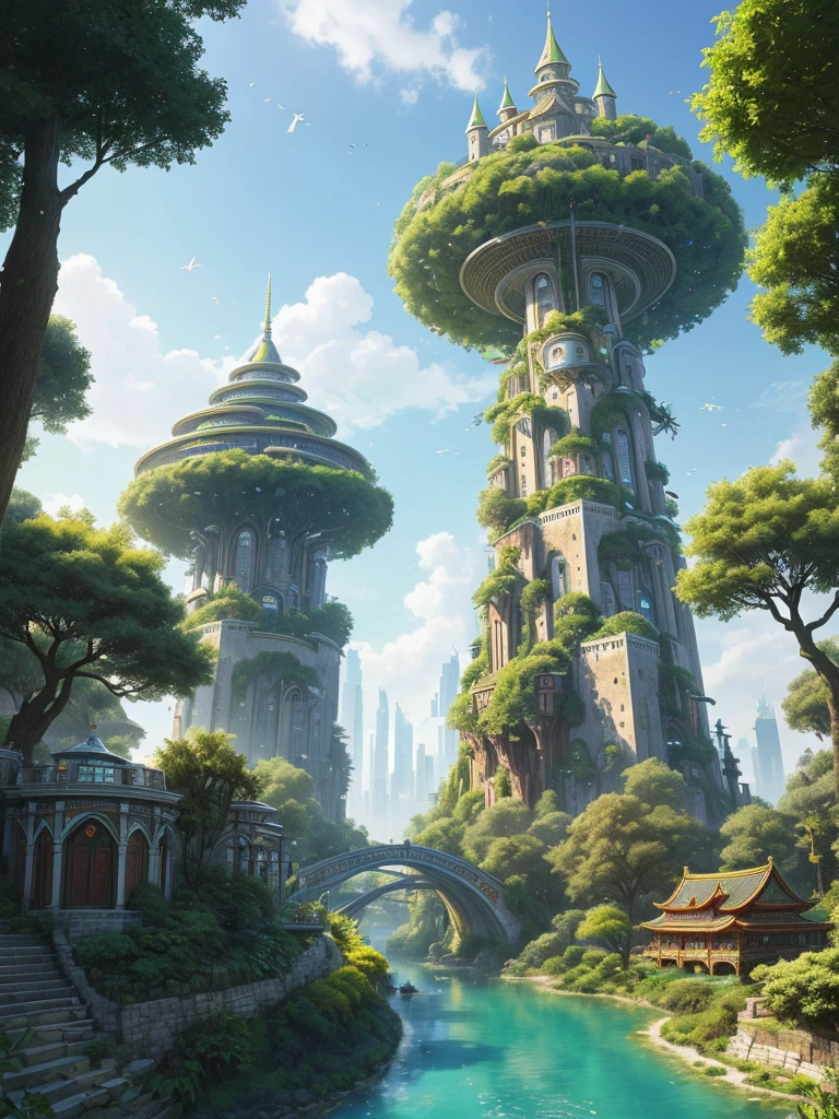 (((A utopian world with futuristic science fiction and fairy tale elements,Mechanical metal combined with classical mythological elements))),(In this illustration of a utopian world,Describe a fairy tale、An ideal country with science fiction elements。The background is a majestic city,The architectural style combines futuristic and sci-fi elements。Soaring towers and modern glass buildings complement ancient pavilions and temples。The city is surrounded by a verdant forest and clear river,Showing the harmonious coexistence of man and nature。In the heart of the city),(There is a huge secret garden,There are all kinds of fantastic plants and creatures growing inside。There are trees that can talk.、Singing birds and various cute animals。In the corner of the garden,There is a huge castle,Its towers reach into the sky)。(science fiction elements:in this utopian world,Technology and nature coexist harmoniously。High-speed maglev trains shuttle through the city,People are flying freely in the air in environmentally friendly aircraft.。Cities are powered by solar energy、Renewable resources such as wind and water energy,Guaranteed ecological sustainable development)。(Cultures:in this utopian world,Cultures of various countries coexist harmoniously,People respect and learn from each other's traditions and customs。There are various styles of buildings in the city、Sculpture and Artwork,Showcasing the essence of cultures from around the world), (The is very detailed, Well designed, Clear lines, k hd, Best quality at best, tmasterpiece, offcial art, movie light effect, 8k), (Perspectives, first person perspective, Ghibli-style colors, Luminism, Movie Lighting, hyper HD, tmasterpiece, acurate, Anatomically correct, ctextured skin, super detailing, high detal, high qulity, Award-Awarded, Best quality at best, 16K), ((RGB palette,Ultra-high saturation,Fine picture)), fantasy00d