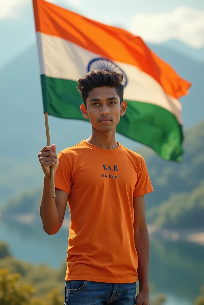 create a 3d image of 18 year old boy is holding an indian flag beautiful background, boy wearing saffron t- shirt Name "K K Patel" is written on it,