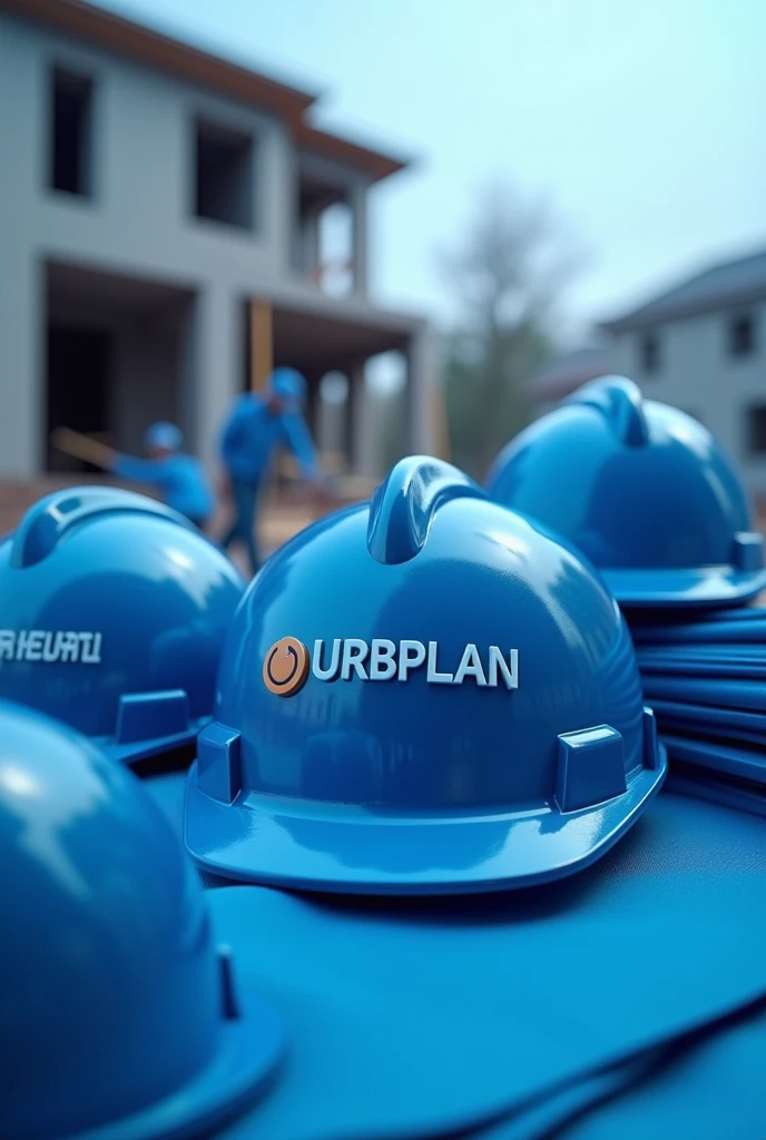 PPE used in civil engineering in blue and with writing "URBPLAN" in white letters on the equipment. In the background a work of a house under construction. The main colors of the image are in blue tones