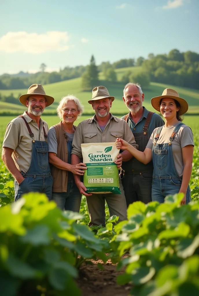 A group of farmer on a farm holding a bag of Organic fertilizer which has the
brand name " Garden Sharden "