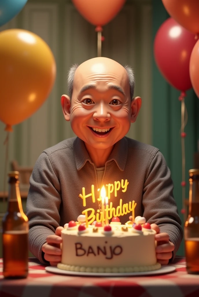 Create a bald chinese father holding a cake with dedication of Happy Birthday Banjo with beers and balloons   