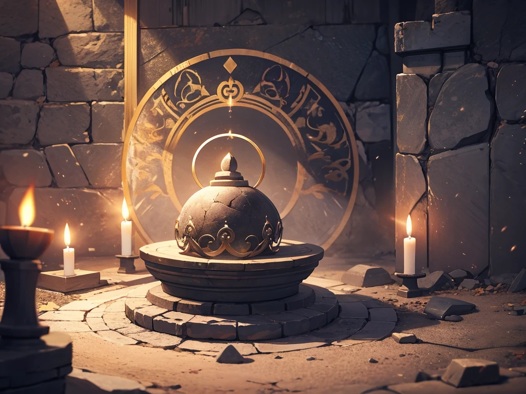 A stone Buddhist altar on one side of the wall、underground、crypt、A circular candlestick in the center、dark、magic circle、Glittering dust scattering