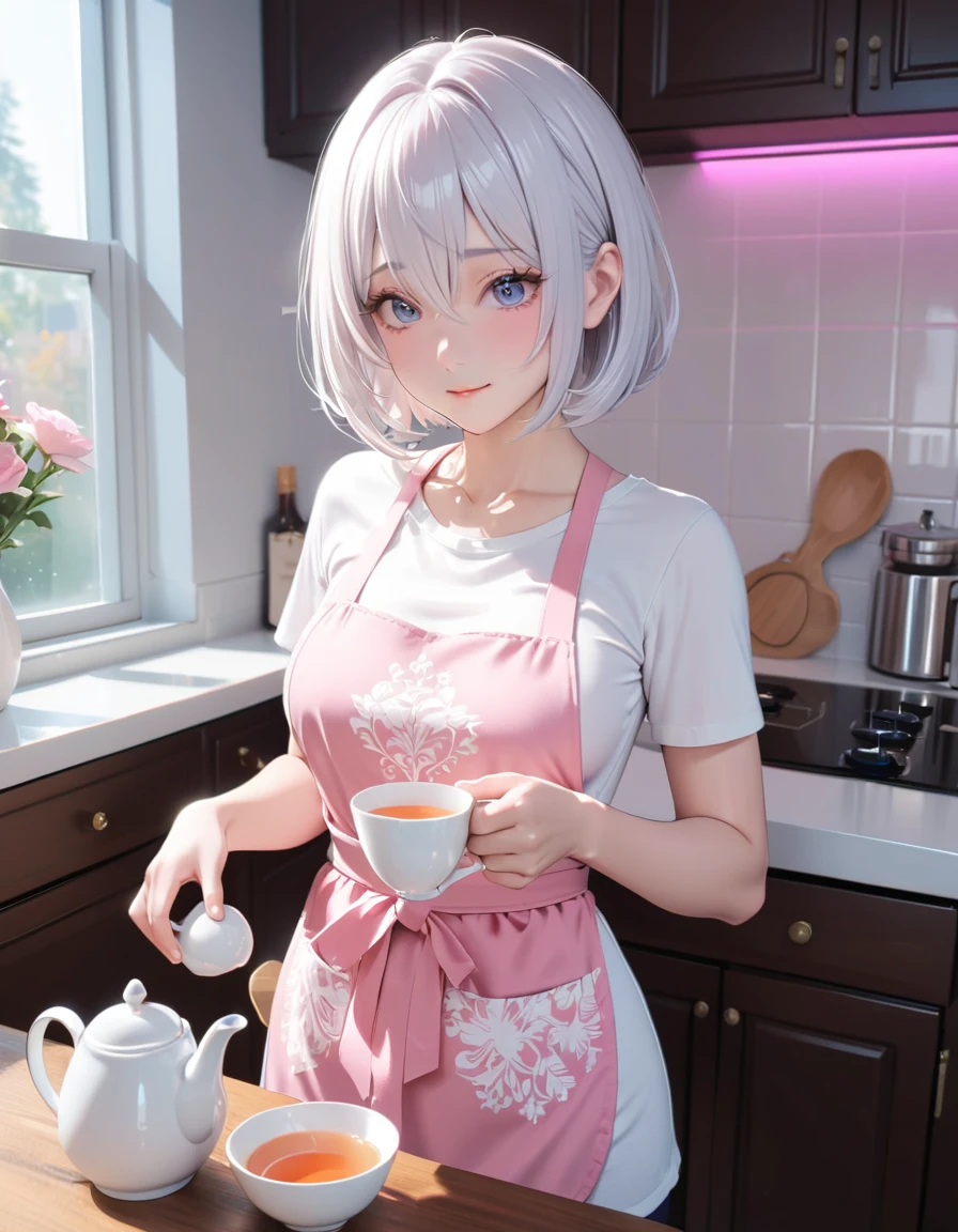 glowing particles, ambient lights, cute, pastel art, full body detailed, 4K, hdr, high details, perfect lighting, perfect anatomy, (shiny silver hair, bob cut, bang between eyes, beautiful hair), (glossy silver eyes:1.5), (beautiful eyes, twinkle eyes, large eyes, close eyes), (athlete body,large breasts), cute face, beautiful face, pretty face, beautiful, best quality, good anatomy,long eyelashes, expressive eyes, Perfect Hands, perfecteyes, pink botanical print apron, white shirt, short sleeves, morning, kitchen, right hand is holding teapot, brew tea into teacup,