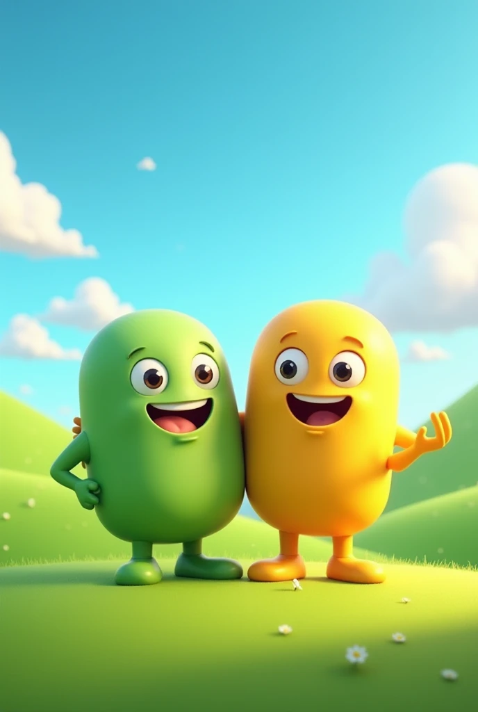 "A bright and cheerful scene featuring one 3D cartoon-style characters resembling emojis. The characters have round heads with large expressive eyes, big smiles, and no hair. The character on the left is green and has a friendly, happy expression while placing one arm around the other character. The character on the right is yellow, also smiling widely, and looks slightly smaller. They stand together on a lush, rolling green landscape with soft hills under a vibrant, blue sky with fluffy white clouds. The overall mood of the scene is joyful and playful, with bright colors and a positive atmosphere."