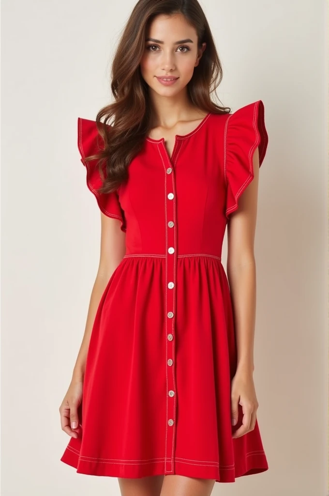 Create a unique red casual dress design for women that has buttons in the front and ruffles on the sleeves