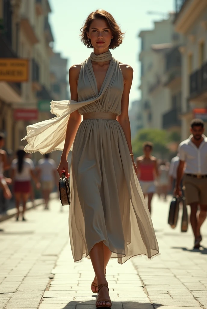 Vintage Brazilian woman from the 50s in Rio de Janeiro wearing a modern cut midi dress., a light and fluid fabric, like chiffon and silk. The dress can be predominantly in a neutral tone such as gray., but with details of strategic transparency, the woman uses: A small, worn clutch and a sheer scarf that she constantly adjusts. A simple sandal, short hair and tanned skin
