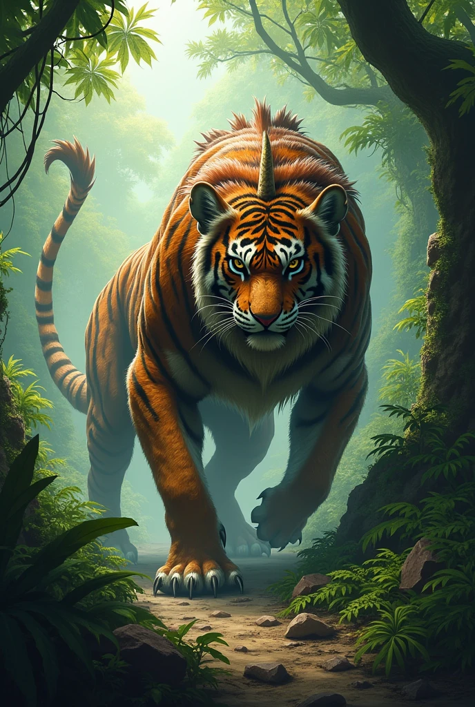 Manticore, Deep Jungle, Tiger-like body, Covered in sharp scales, Has a long venomous stinger, It is approximately 4 meters long, It weighs approximately 300 kilograms.
