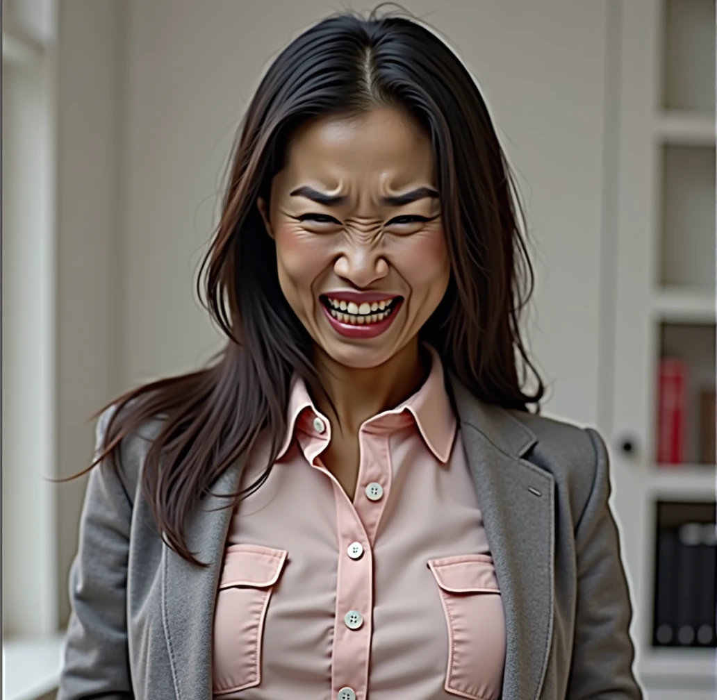 asian woman with very thin asian eyes, long black hair, staring directly into camera, pained expression, distressed,, biting down hard, clenching her teeth, big teeth, perfect teeth, eyes opened, light blue eyes, thin grey office blazer, pink collared button blouse