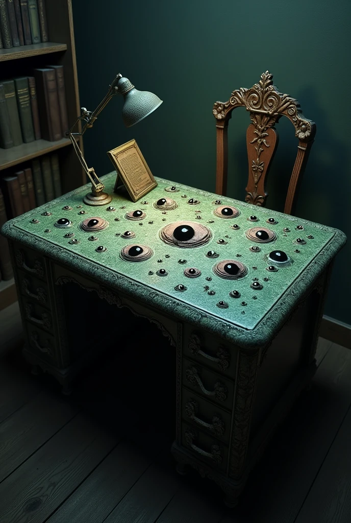 A study desk with many eyes