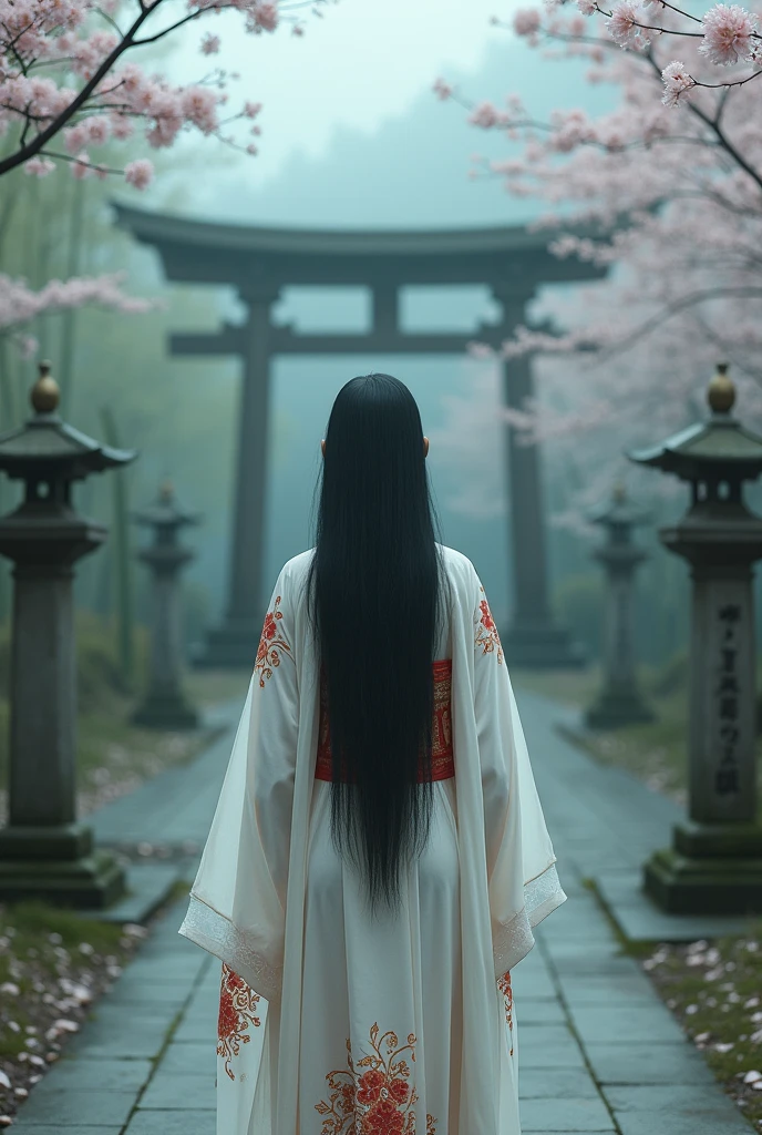 A hauntingly beautiful Japanese woman with long, flowing black hair, dressed in a traditional white kimono with intricate red and gold patterns. Her skin is pale and ghostly, with a delicate, almost otherworldly glow. She stands in a foggy, ancient Japanese temple surrounded by weathered stone lanterns and a winding path lined with cherry blossoms. The background features a traditional torii gate partially hidden by mist, and bamboo groves swaying in the wind. The atmosphere is steeped
