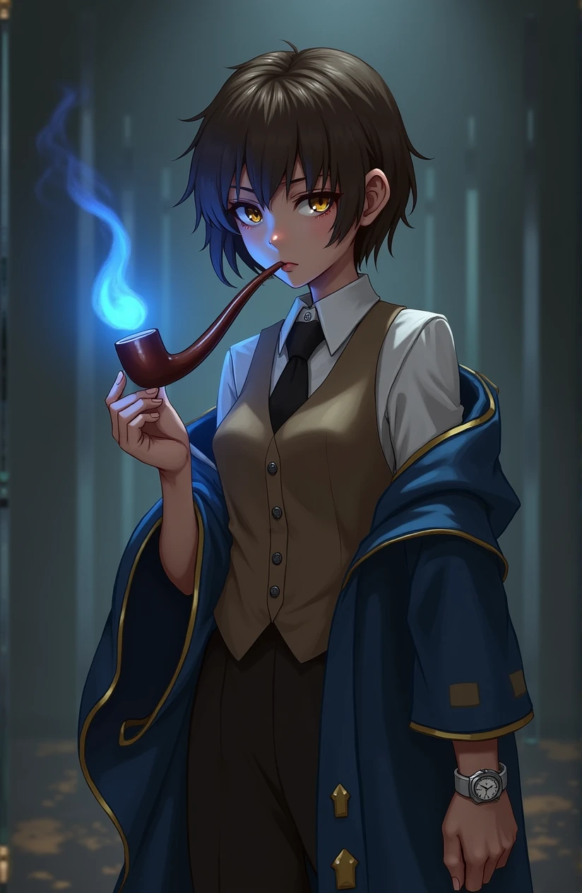  1 tomboy, solo, amber eyes, short brown hair, brown vest, (whit shirt:1.1), black tie, (blue robe with gold trim along the edge:1.3),1 smoking pipe with blue flame in left hand, gloomy face,1 bandaged left hand, 1 watch on left hand,