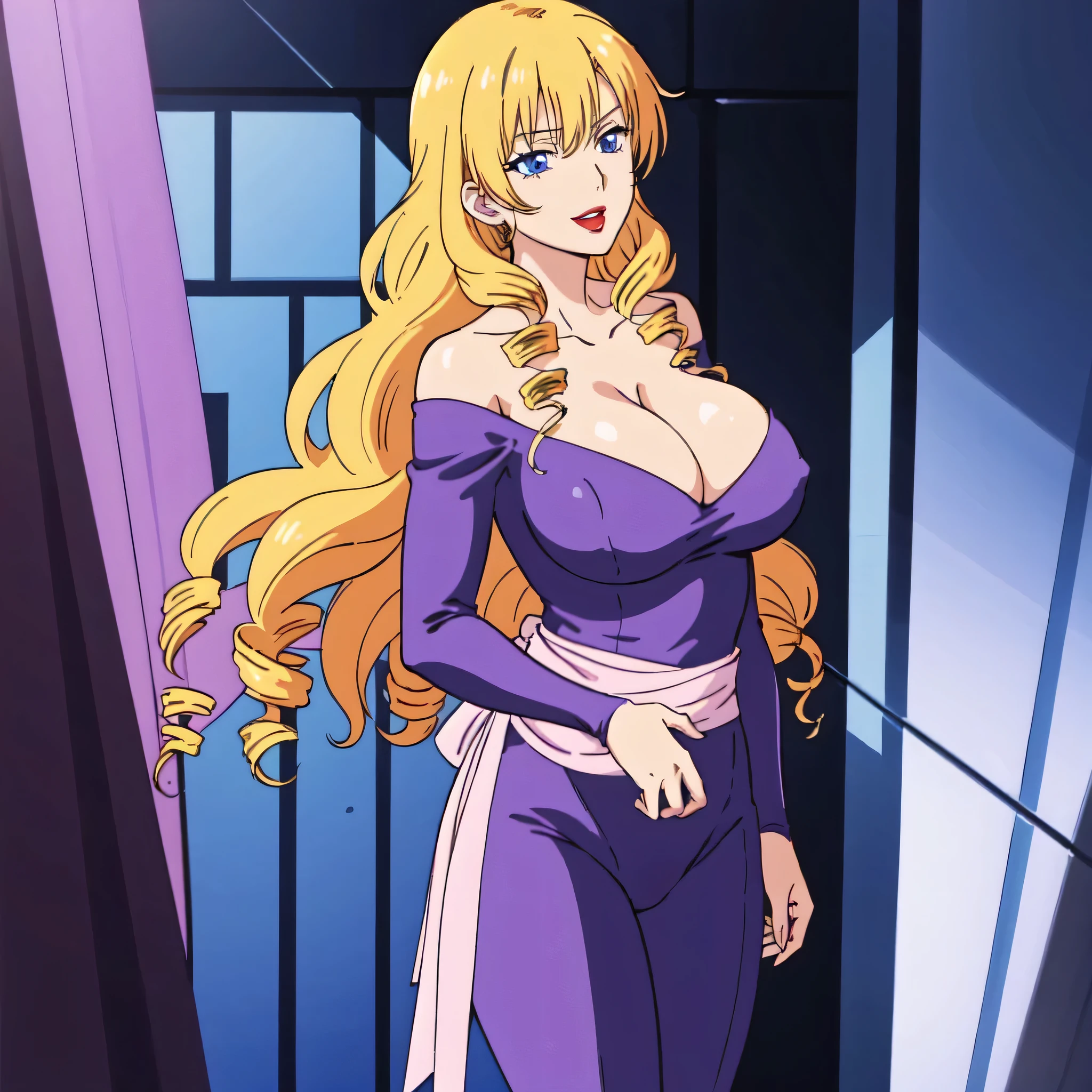 masterpiece、Highest quality、Anime Women、solo、Watching the audience、laugh at、Long Hair、bionde、eyelash、lipstick、Blue eyes、Drill Hair、Hair on one eye、Big Breasts、cleavage、A woman with very large breasts、collarbone、Purple bodysuit、Off the shoulder、Long sleeve、Pink sash、