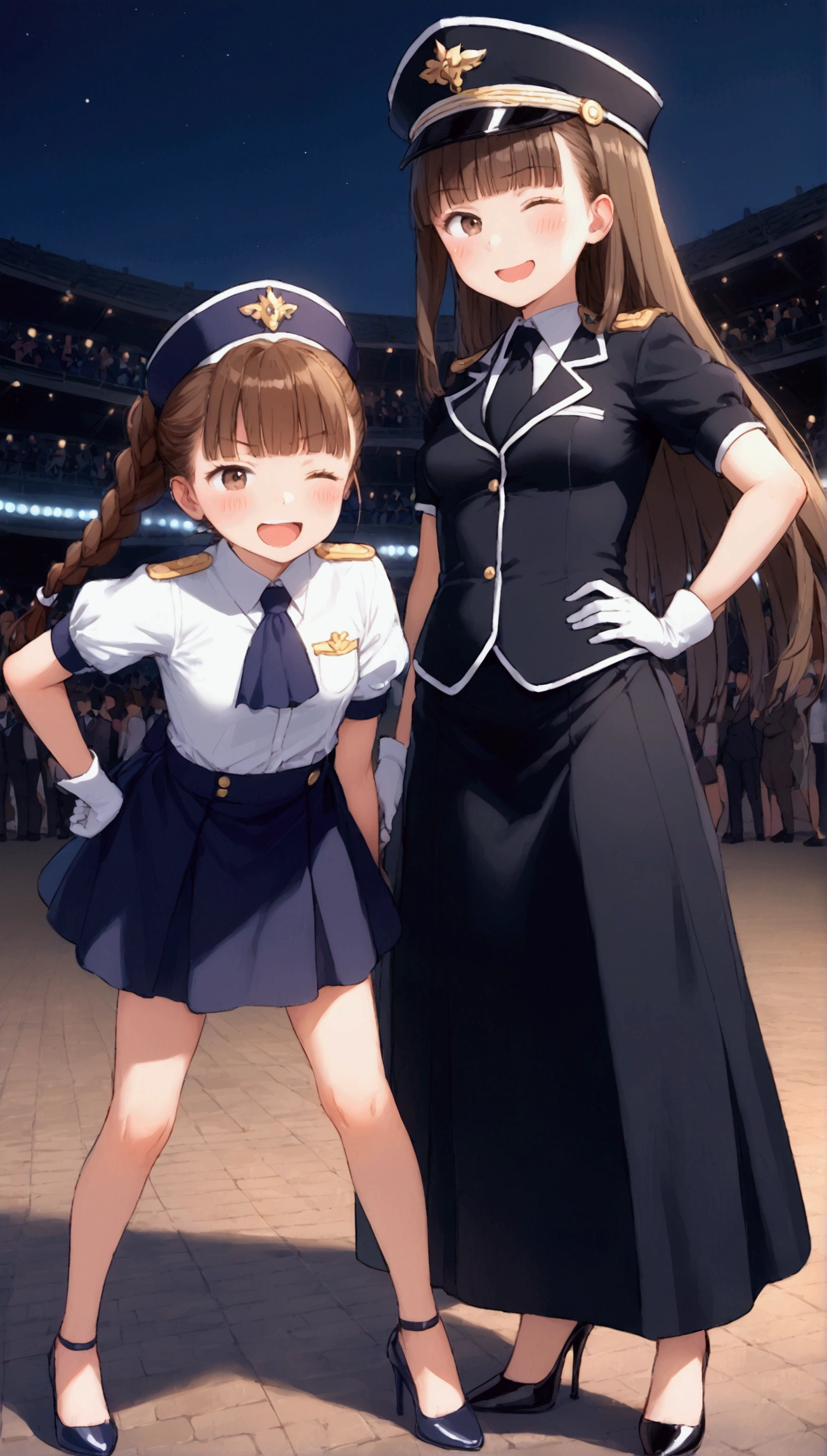 {Highest quality}, {Super beautiful},{Ultra fine},{Best illustration},Brown Hair,Hime cut,Braid,long hair,ponytail,Two Women,Standing Woman,Strike a pose,Adult women,smug face,Excited face,Double teeth,Wink,Uniform cap,White shirt,Short sleeve,Black long skirt,White gloves,Black stiletto heels,Night Park,crowd,Blushing,Slender,From an angle,Spread your legs,Put one hand on your hip