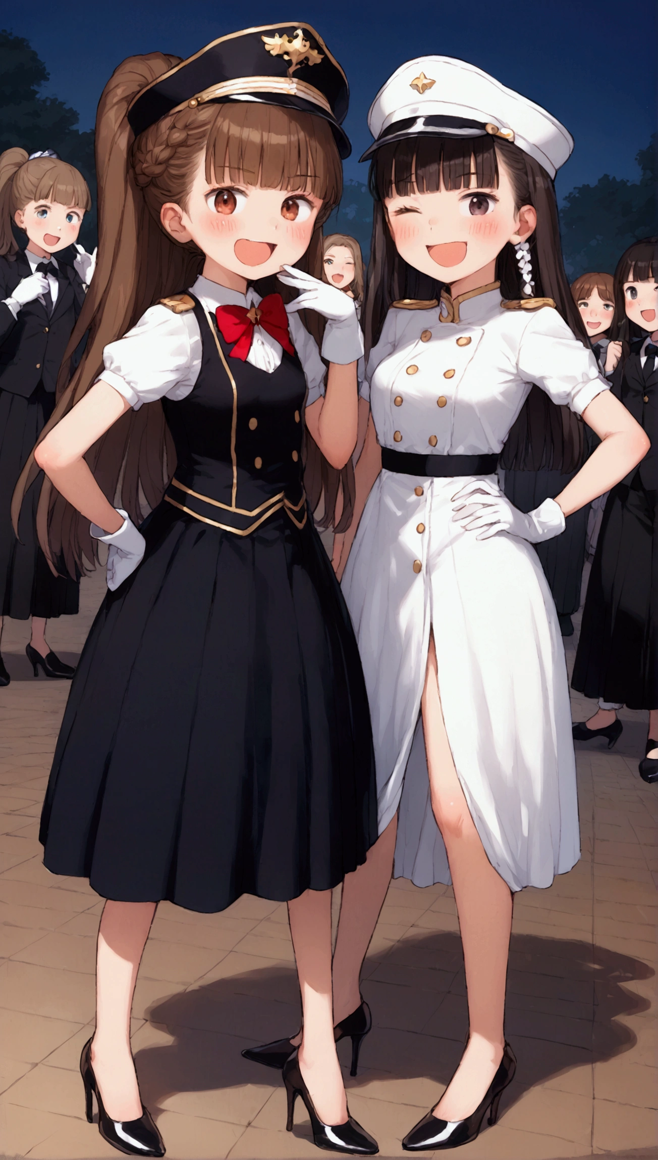 {Highest quality}, {Super beautiful},{Ultra fine},{Best illustration},Brown Hair,Hime cut,Braid,long hair,ponytail,Two Women,Standing Woman,Strike a pose,Adult women,smug face,Excited face,Double teeth,Wink,Uniform cap,White shirt,Short sleeve,Black long skirt,White gloves,Black stiletto heels,Night Park,crowd,Blushing,Slender,From an angle,Spread your legs,Put one hand on your hip