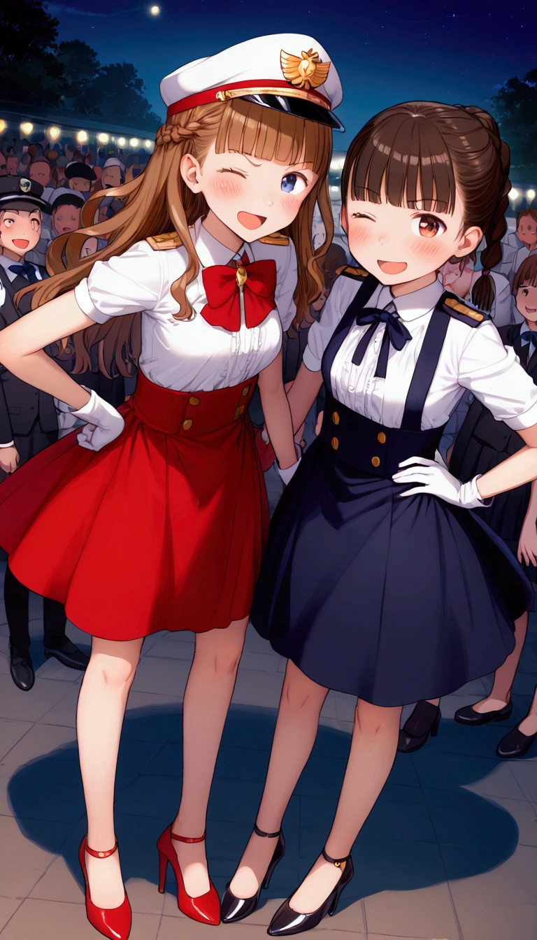 {Highest quality}, {Super beautiful},{Ultra fine},{Best illustration},Brown Hair,Hime cut,Braid,long hair,ponytail,Two Women,Standing Woman,Strike a pose,Adult women,smug face,Excited face,Double teeth,Wink,Uniform cap,White shirt,Short sleeve,Black long skirt,White gloves,Black stiletto heels,Night Park,crowd,Blushing,Slender,From an angle,Spread your legs,Put one hand on your hip