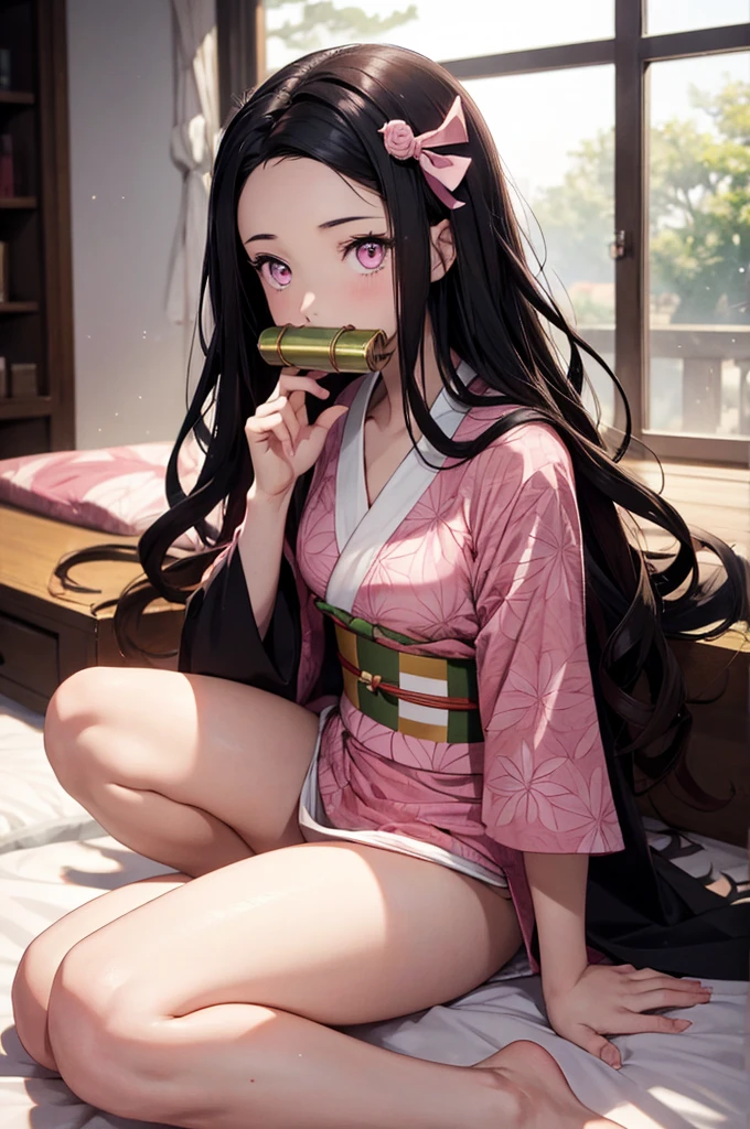 ​masterpiece, (Pink kimono), Seductive face, good lighting, decolletage, finely detail, ​masterpiece, Glowing eyes, 1girl in, Brunet, （gag:1.3）, Bamboo, Nezuko Takedo, nezuko kamado, a bed、 ​masterpiece, top-quality,full body Esbian, thin-waist,small-medium sized breasts、wariza、Girl sitting、Pink eyes、4K IMAGE, masterpiece, showing one breats.
