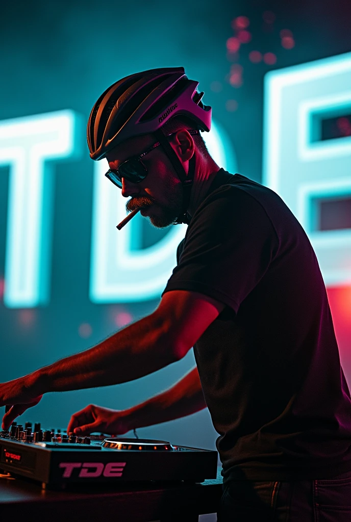 Create a picture with the heading TDE in the picture is a techno DJ with bike clothes, This should be readable, the DJ is a man wearing sunglasses and a bicycle helmet, The DJ should have a big mustache, the image is taken slightly sideways in action, large TDE in the background,
The DJ has a cigarette in his mouth, in small letters stands on the edge This evening, 22:00, Ulm-Mündterplatz, TDE is really getting you hot, at the bottom lin