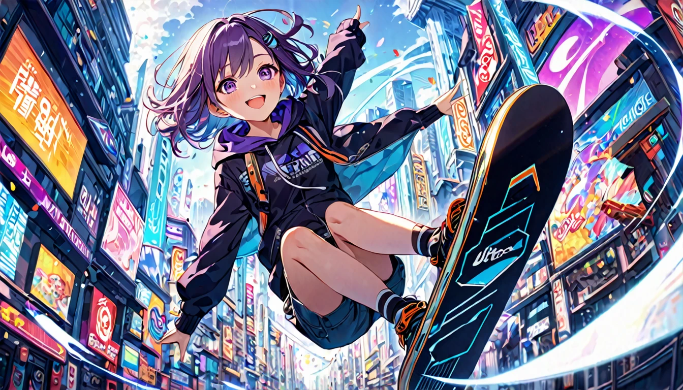 **258. One person。Digital Skater。Future Cityの空中でスケート。Cowboy shot or close-up。  
masterpiece, best quality, ultra detailed (Detailed fingers), (Emotional), (Breathtakingly beautiful),  
(main part: 1.2 Whole body。), (Anime Style), (Very detailed), (Digital Skate),  
(超High resolution, High resolution), (8k), (High resolution: 1.2), (Complex and beautiful: 1.2)**
- background: Future City、Roads spreading in the air and shining holographic advertisements。
- Skater: Young woman, around 18 years old、Wearing a hover skate、Gliding through a digital city。
-pose: Showing off skating skills in the air、Moment of turning on a hoverboard。
-expression: Confident smile and、Posture that evokes excitement for speed。
- Effects: Lines of light emitted from the board、Effects that emphasize speed and digital movement。
-color: Neon blue and purple、Future Cityの煌びやかでクールな色彩を象徴するコントラスト。
