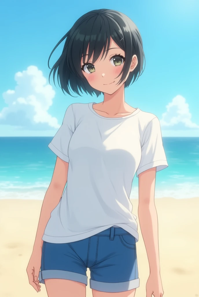 ((Highest quality)), ((masterpiece)), (detailed), Perfect Face, Japanese women, Teenage Girl, Spotless, White T-shirt, Blue shorts, Short black hair, big , Bright smile, Strong sunshine on the beach, Thematic Depth, Sharply focused,Aspect ratio is 16:9
