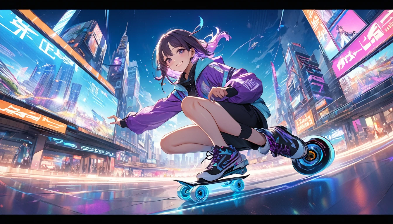 **258. One person。Digital Skater。Future Cityの空中でスケート。Cowboy shot or close-up。  
masterpiece, best quality, ultra detailed (Detailed fingers), (Emotional), (Breathtakingly beautiful),  
(main part: 1.2 Whole body。), (Anime Style), (Very detailed), (Digital Skate),  
(超High resolution, High resolution), (8k), (High resolution: 1.2), (Complex and beautiful: 1.2)**
- background: Future City、Roads spreading in the air and shining holographic advertisements。
- Skater: Young woman, around 18 years old、Wearing a hover skate、Gliding through a digital city。
-pose: Showing off skating skills in the air、Moment of turning on a hoverboard。
-expression: Confident smile and、Posture that evokes excitement for speed。
- Effects: Lines of light emitted from the board、Effects that emphasize speed and digital movement。
-color: Neon blue and purple、Future Cityの煌びやかでクールな色彩を象徴するコントラスト。
