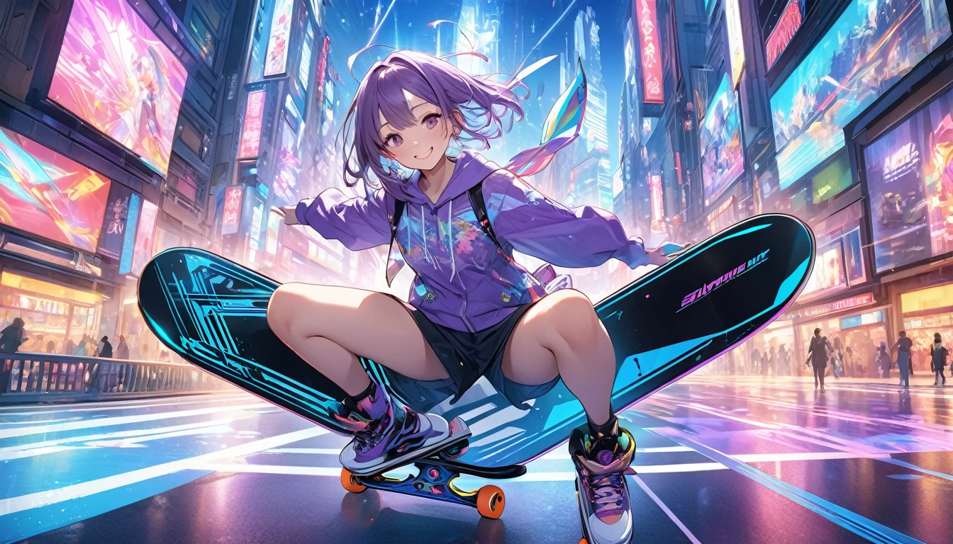 **258. One person。Digital Skater。Future Cityの空中でスケート。Cowboy shot or close-up。  
masterpiece, best quality, ultra detailed (Detailed fingers), (Emotional), (Breathtakingly beautiful),  
(main part: 1.2 Whole body。), (Anime Style), (Very detailed), (Digital Skate),  
(超High resolution, High resolution), (8k), (High resolution: 1.2), (Complex and beautiful: 1.2)**
- background: Future City、Roads spreading in the air and shining holographic advertisements。
- Skater: Young woman, around 18 years old、Wearing a hover skate、Gliding through a digital city。
-pose: Showing off skating skills in the air、Moment of turning on a hoverboard。
-expression: Confident smile and、Posture that evokes excitement for speed。
- Effects: Lines of light emitted from the board、Effects that emphasize speed and digital movement。
-color: Neon blue and purple、Future Cityの煌びやかでクールな色彩を象徴するコントラスト。
