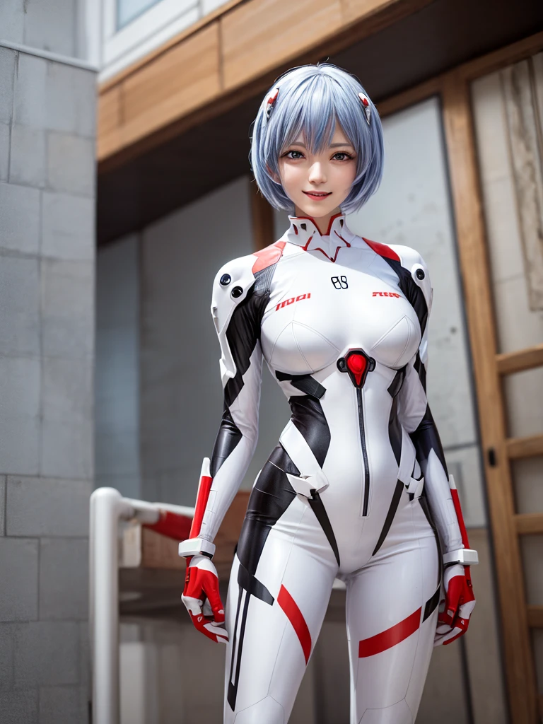 Masterpiece, highest quality, 8K, detailed skin texture, fine cloth texture, beautiful detailed face, intricate details, super detailed, portrait of Rei Ayanami, blue hair, red eyes, looking far away, no background, Evangelion Wearing a plug suit when riding, plug suit, whole body visible, standing, arms crossed, 15 years old, beautiful, cute, great style, smiling,composition that shows the whole body,