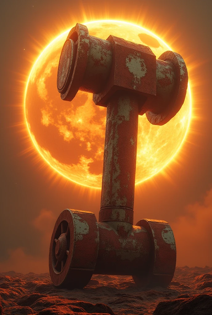 (a Giant rusty warhammer),Sci-fi style, high-tech products, Star Region, masterpiece, best quality, Extremely detailed, Stained with blood, Solar eclipse background, Simple golden background, Movie Lighting, glare, Photon Mapping,