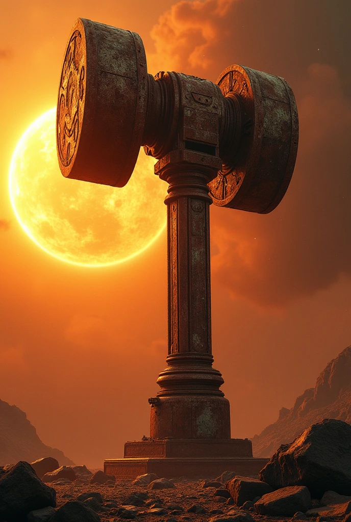 (a Giant rusty warhammer),Sci-fi style, high-tech products, Star Region, masterpiece, best quality, Extremely detailed, Stained with blood, Solar eclipse background, Simple golden background, Movie Lighting, glare, Photon Mapping,